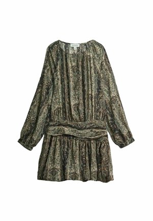 Langærmet kjole i vintage-stil med grønt og brunt blomstret paisleymønster, smalnet talje og rund halsudskæring med bindedetalje.