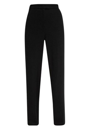 Pantalon noir taille haute à jambes droites avec une ceinture simple, sans poches ni ornements visibles.