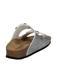 Sandal con plantare in sughero e tomaia sintetica bianca, lato grigio simile alla pelle, design aperto e suola testurizzata per una migliore presa.