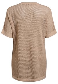 Gehaakt beige T-shirt met korte mouwen en een open gaasontwerp, voorzien van een ronde halslijn en ribbels aan de mouwen en onderkant.