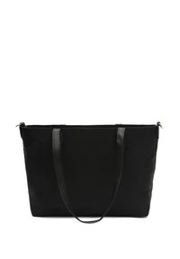 Crna torba od nylon materijala, otporna i izdržljiva, sa kožnim drškama, pravokutnog oblika i glatke teksture, sa zatvaračem na vrhu.