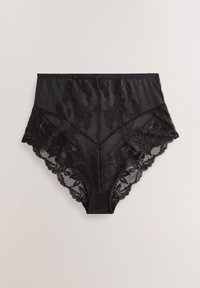 Juodos juosmens kelnaitės su permatomu tinklelio pagrindu, gėlių nėriniais, banguotais kraštais ir lygia juosmens juosta.