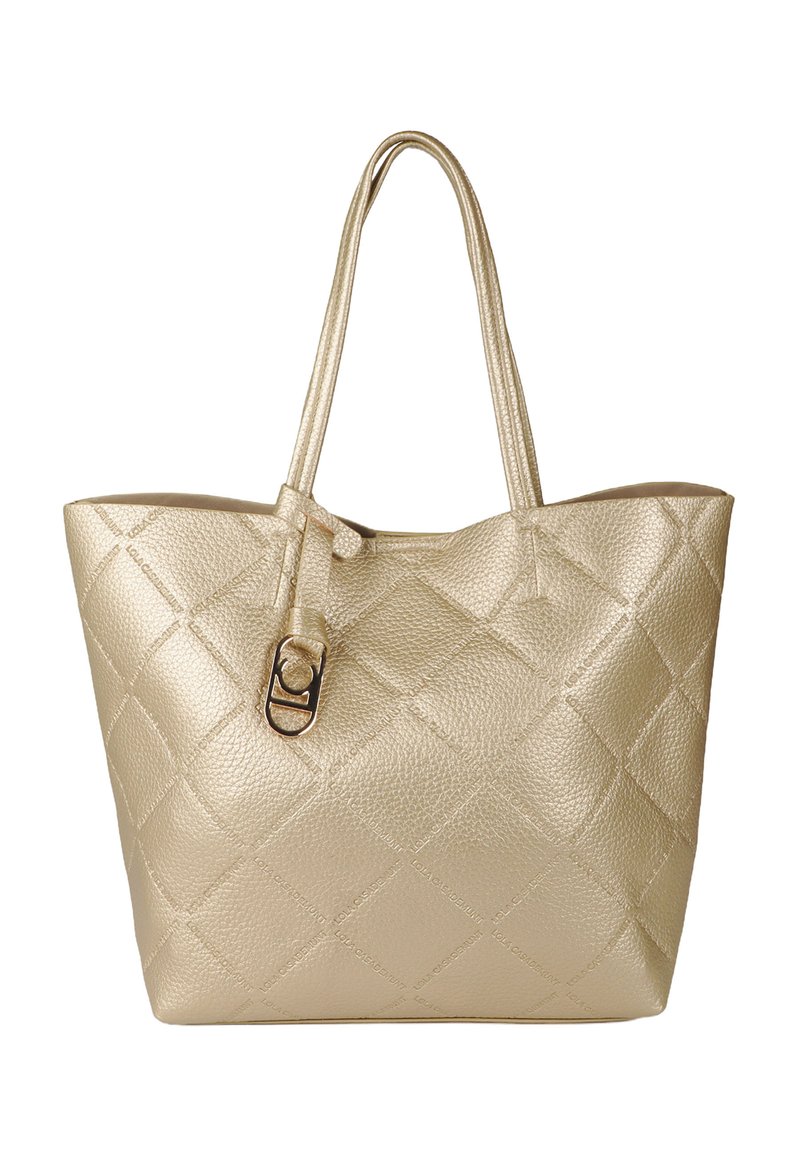 Złota, teksturowana torba tote z diamentowym wzorem pikowania, podwójne uchwyty i srebrny zamek. Przestronne otwarcie dla łatwego dostępu.