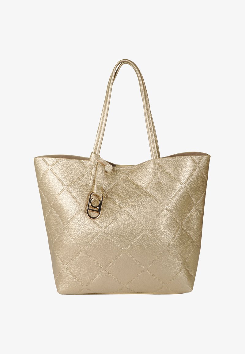 Złota, teksturowana torba tote z diamentowym wzorem pikowania, podwójne uchwyty i srebrny zamek. Przestronne otwarcie dla łatwego dostępu.