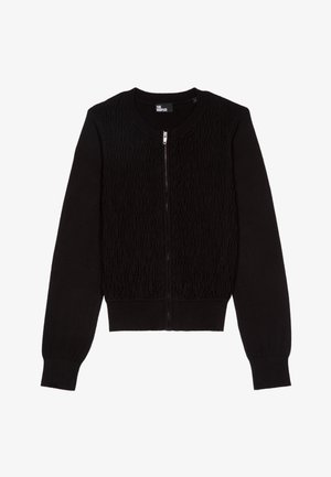Sort zip-up cardigan med tekstureret front, glatte ærmer og ribbet kant. Har lange ærmer og rund halsudskæring.