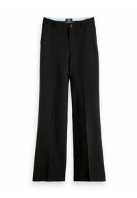 Zwarte wijde broek met een gladde stofstructuur, knoopsluiting en voorzijde met plooien; de tailleband heeft een contrasterende binnenvoering.