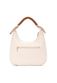 Borsa a mano in pelle crema con forma arrotondata, dotata di un manico intrecciato marrone e una tasca con zip sul davanti, impreziosita da dettagli in metallo dorato.