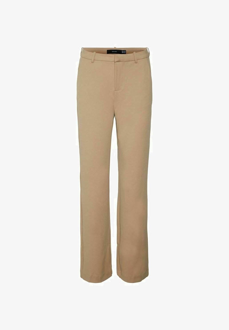 Pantalon beige droit avec passants de ceinture, fermeture éclair à l'avant et bouton, présenté sur fond blanc.