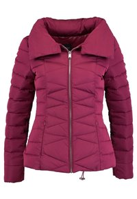 Chaqueta de plumas acolchada de color burdeos para mujer, con gran cuello, cierre delantero completo, bolsillos laterales y dobladillo ajustable con cordón.