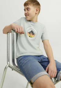 Vaaleanharmaa pyöreäkauluksinen t-paita, jossa on pyöreä palmun kuva. Yhdistetty pyöristettyjen sinisten farkkushortsien kanssa, joissa on keltaisia ompeleita.