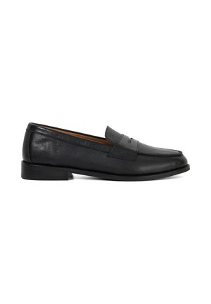 Black leather penny loafer with low heel, rounded toe, and strap detail on smooth upper, shown in left side profile.