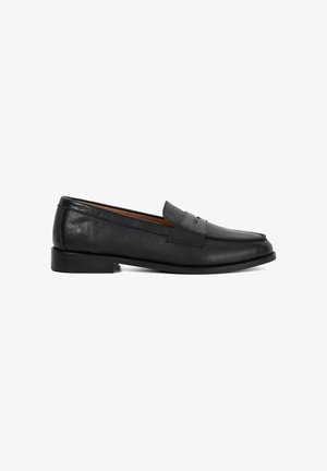 Black leather penny loafer with low heel, rounded toe, and strap detail on smooth upper, shown in left side profile.