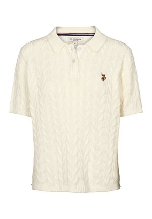 Kurzärmeliges Poloshirt in Creme mit Zopfmuster-Strick, Drei-Knopf-Leiste und gesticktem Logo auf der linken Brust.