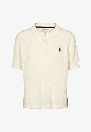 Kurzärmeliges Poloshirt in Creme mit Zopfmuster-Strick, Drei-Knopf-Leiste und gesticktem Logo auf der linken Brust.