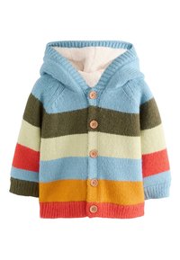 Gestrickter Kapuzencardigan mit horizontalen Streifen in Blau, Grün, Creme, Rot und Orange, mit Holzknöpfen und einem weichen, weißen Futter.
