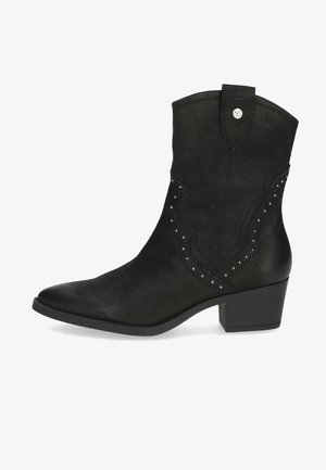 Schwarze Leder-Ankle-Boots mit spitzer Zehenform, dekorativer Naht und silbernen Nieten; verfügen über einen niedrigen Blockabsatz und einen hohen Schaft.