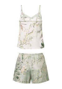 Komplet nocnej bielizny w kwiatowy wzór z lekkiego materiału. Koszulka na ramiączkach ma cienkie ramiączka oraz dekolt w kształcie litery V; szorty mają elastyczny pasek w talii i dopasowany wzór.