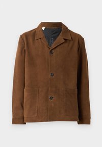 Brown suede jacket with a notch collar, three black buttons, two front pockets, and a smooth black lining.