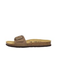 Brown suede slide sandal with a wide strap and metal buckle accent. Cork footbed and textured rubber sole. Low-profile design.