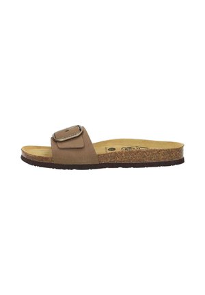 Brown suede slide sandal with a wide strap and metal buckle accent. Cork footbed and textured rubber sole. Low-profile design.