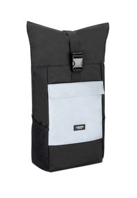 Black and light gray roll-top backpack with a clip closure, front pocket, and logo detail. Fabric shows a smooth texture and structured shape.