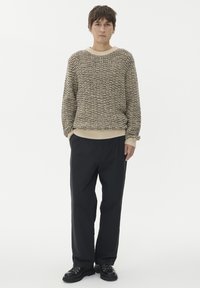 Pletena pulover v bež in rjavi barvi z teksturiranim vzorcem, v kombinaciji s črnimi širokimi hlačami in črnimi čevlji s pertlji, ki stoji pred belo ozadjem.