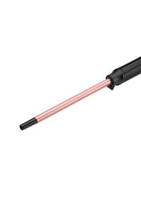 Stylo noir et rose en or avec un corps cylindrique, un design fin et une pointe lisse. Le métal présente une finition brillante et des accents mats.
