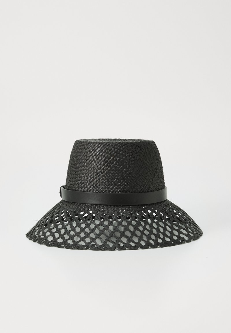 Black straw hat with a wide, openwork brim and a solid black band around the base. Woven texture with a rounded crown.