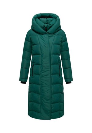 Long green puffer coat with a hood, featuring a zip closure, black accents on pockets, and a quilted texture for insulation.