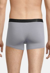 Gray boxer briefs made of smooth fabric with a black elastic waistband featuring embossed text. The design is form-fitting with minimal seams.