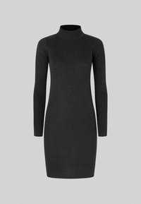 Abito a collo alto a coste nere con maniche lunghe, design aderente e lunghezza a metà coscia. La texture sembra morbida ed elastica.