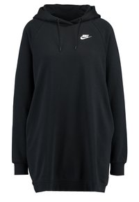 Černé mikinové šaty vyrobené z měkké látky, s kapucí na stahování, dlouhými raglánovými rukávy a malým bílým logem na hrudi.