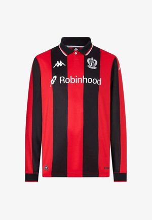 Polo met lange mouwen met zwarte en rode verticale strepen. Heeft een kraag, logodetails en witte sponsorletters in het midden.