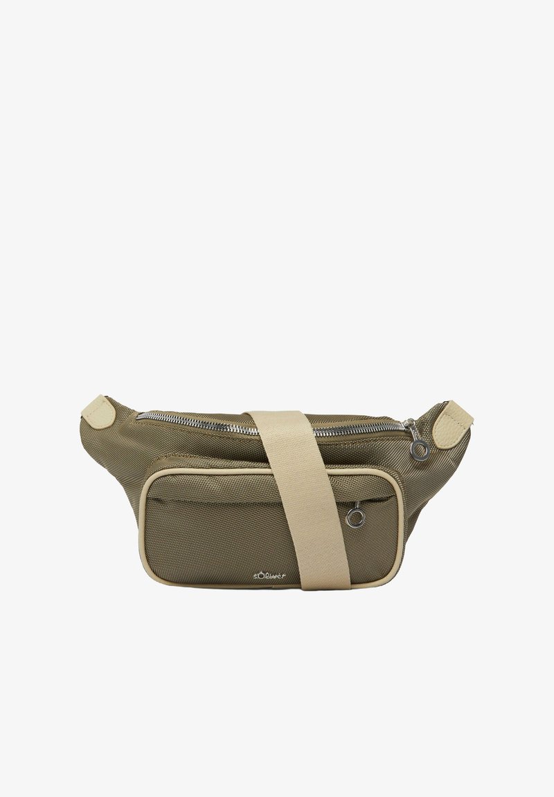 Oliwkowa torba na pasek z nylonu, z przednią kieszenią na zamek błyskawiczny, beżowym paskiem i metalowymi akcentami. Teksturowana powierzchnia i kompaktowy design.