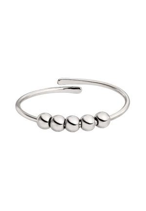 Offenes silbernes Manschettenarmband mit fünf gleichmäßig verteilten runden Silberperlen auf einem dünnen gebogenen Band.