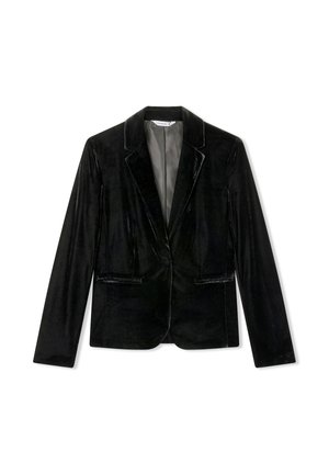 Blazer in velluto nero con revers a punta, chiusura con un solo bottone, due tasche frontali e fodera interna liscia.