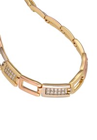Gouden metalen armband met afwisselende rechthoekige schakels met cubic zirconia accenten en een gladde afwerking.