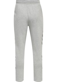 Grå bomulds sweatpants med elastisk talje, tætsiddende ankler og sideakcenter med diagonale striber i en mørkere nuance.