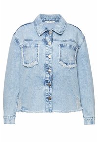 Giacca di jeans blu chiaro con colletto, bottoni frontali, due tasche sul petto e orlo sfrangiato. Presenta una vestibilità rilassata e un tessuto testurizzato.