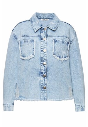Lyseblå denimjakke med krave, frontknapper, to brystlommer og frynset kant. Har en afslappet pasform og struktureret stof.