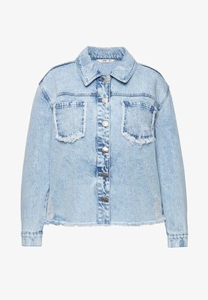 Lyseblå denimjakke med krave, frontknapper, to brystlommer og frynset kant. Har en afslappet pasform og struktureret stof.