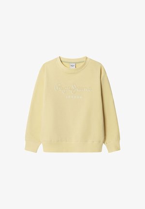 Felpa gialla in tessuto morbido con il logo "Pepe Jeans" ricamato in bianco. Scollo rotondo e polsini e orlo a coste.