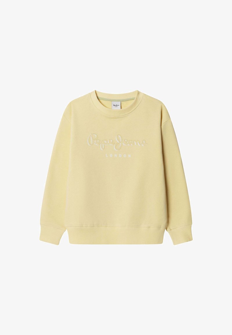 Geltona minkšto audinio bliuzonas su siuvinėta baltos spalvos "Pepe Jeans" logotipu. Apskritimo formos kaklas ir elastinės rankogaliai bei apačia.