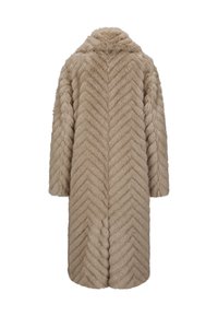Langer beiger Kunstpelz-Mantel mit Zickzackmuster, langen Ärmeln und bis zur Mitte der Waden reichend, von hinten auf weißem Hintergrund gezeigt.