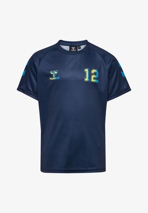Mørkeblå sportstrøje med korte ærmer, der har gule og teal accenter, nummer "12" på fronten og logo på brystet.
