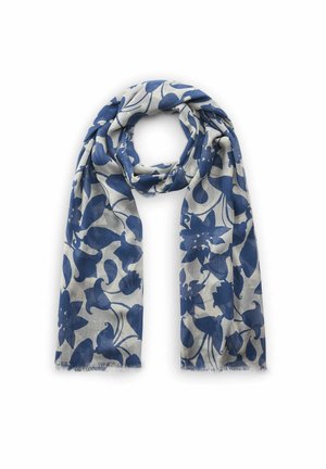 Lysegråt tørklæde med mørkeblå blomsterprint, løst snoet med frynset kant på hvid baggrund.