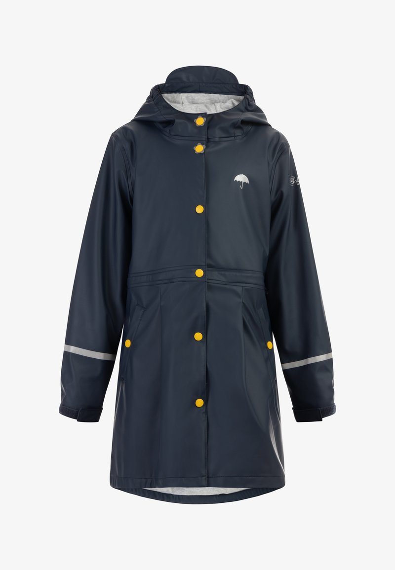 Jūras spēku ūdensnecaurlaidīgs lietusmētelis ar kapuci, dzeltenām pogām, pelēku oderi, atstarotājiem uz piedurknēm un nelielu lietussarga logo uz krūtīm.