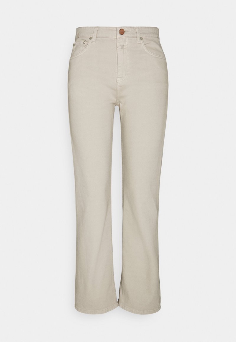 Pantalon beige taille haute à jambes droites avec poches avant, fermeture bouton et fermeture éclair, et passants pour ceinture.