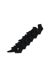 Schwarze Knöchelsocken in versetzter Anordnung, mit einer glatten Textur, gerippten Bündchen und einer standardmäßigen Fußform.