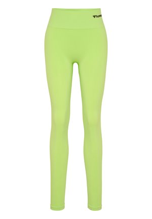 Neonowe zielone legginsy z wysokim stanem, wykonane z elastycznego materiału, z czarnym logo na pasku w talii. Gładka faktura.